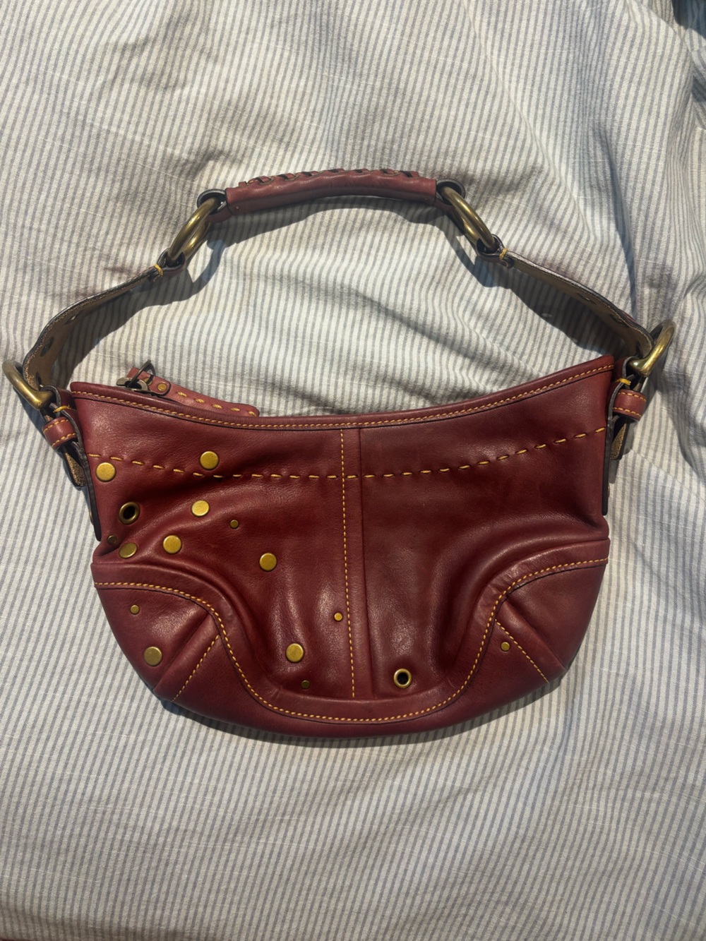 Vintage Leather Shoulder Studded Hobo Coach Bag Red